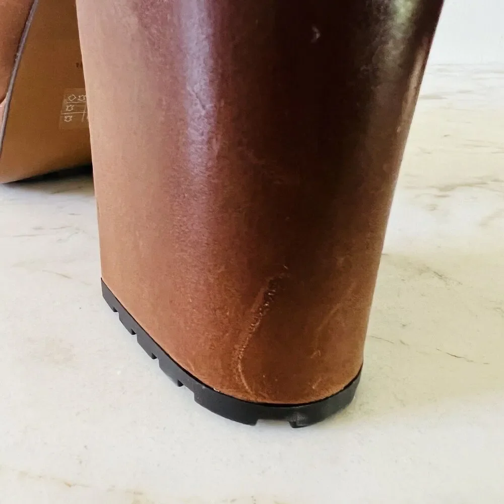 COACH Brown Leather Metal Chain Slip On Clog With High Chunky Heels - US 9.5
